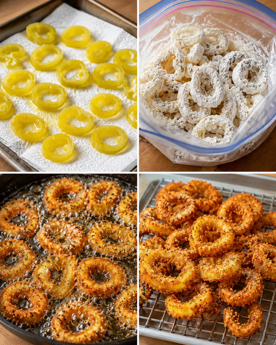 Golden crispy fried banana peppers served with dipping sauces in a home kitchen.