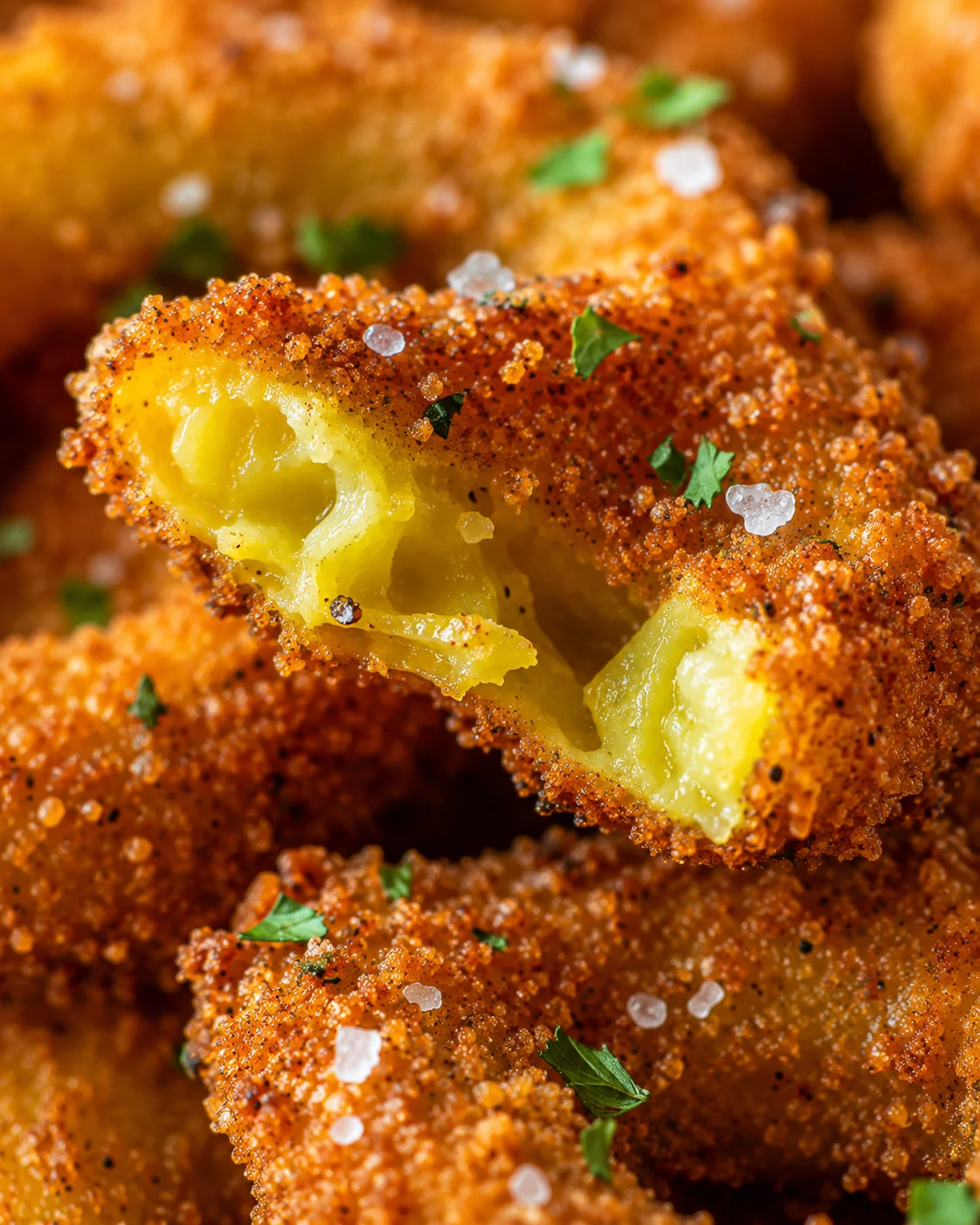 Golden crispy fried banana peppers topped with herbs and salt flakes.