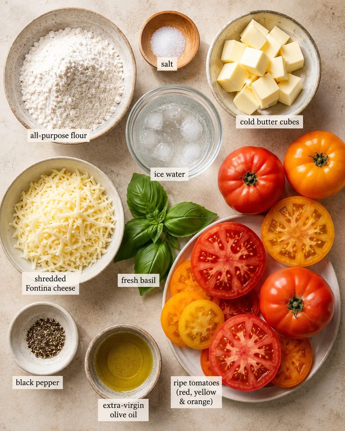 Fresh ingredients for summer tomato tart, including tomatoes, basil, cheese, and crust.