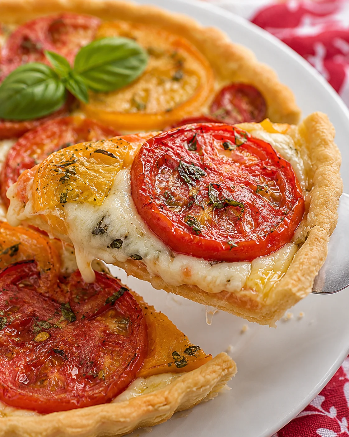 Close-up of a freshly baked tomato tart with cheese and basil slices.