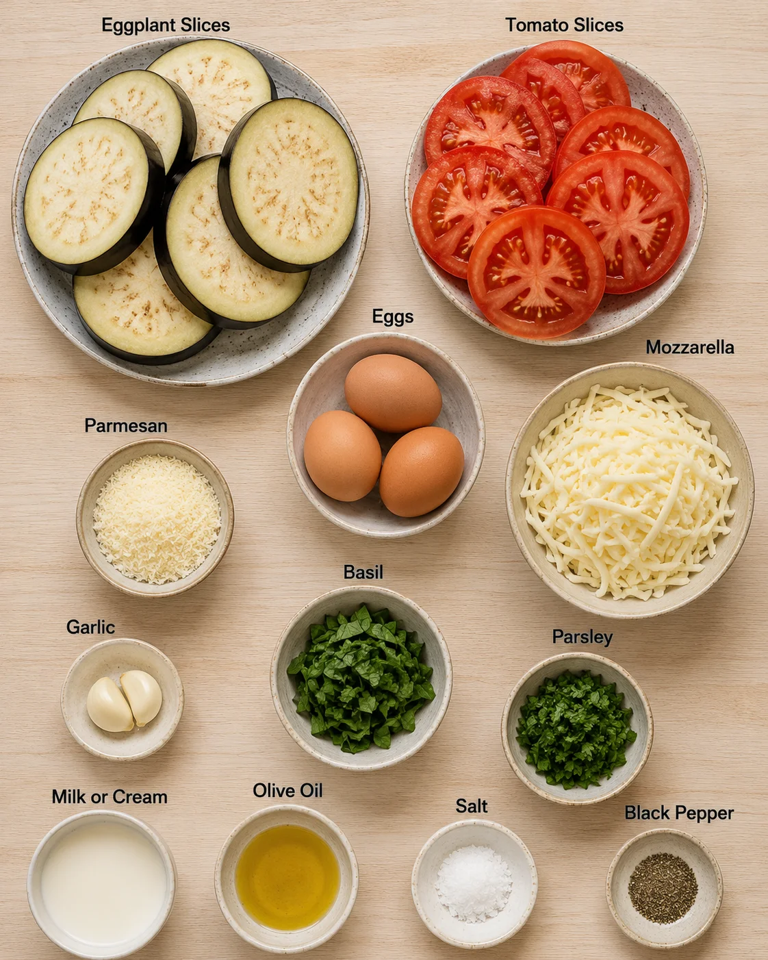 Assorted fresh vegetables and dairy ingredients for making tomato and eggplant pie.