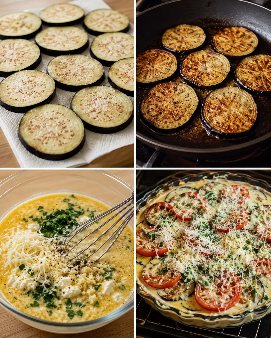 Layered slices of fresh eggplant and tomatoes in a golden crust ready to bake