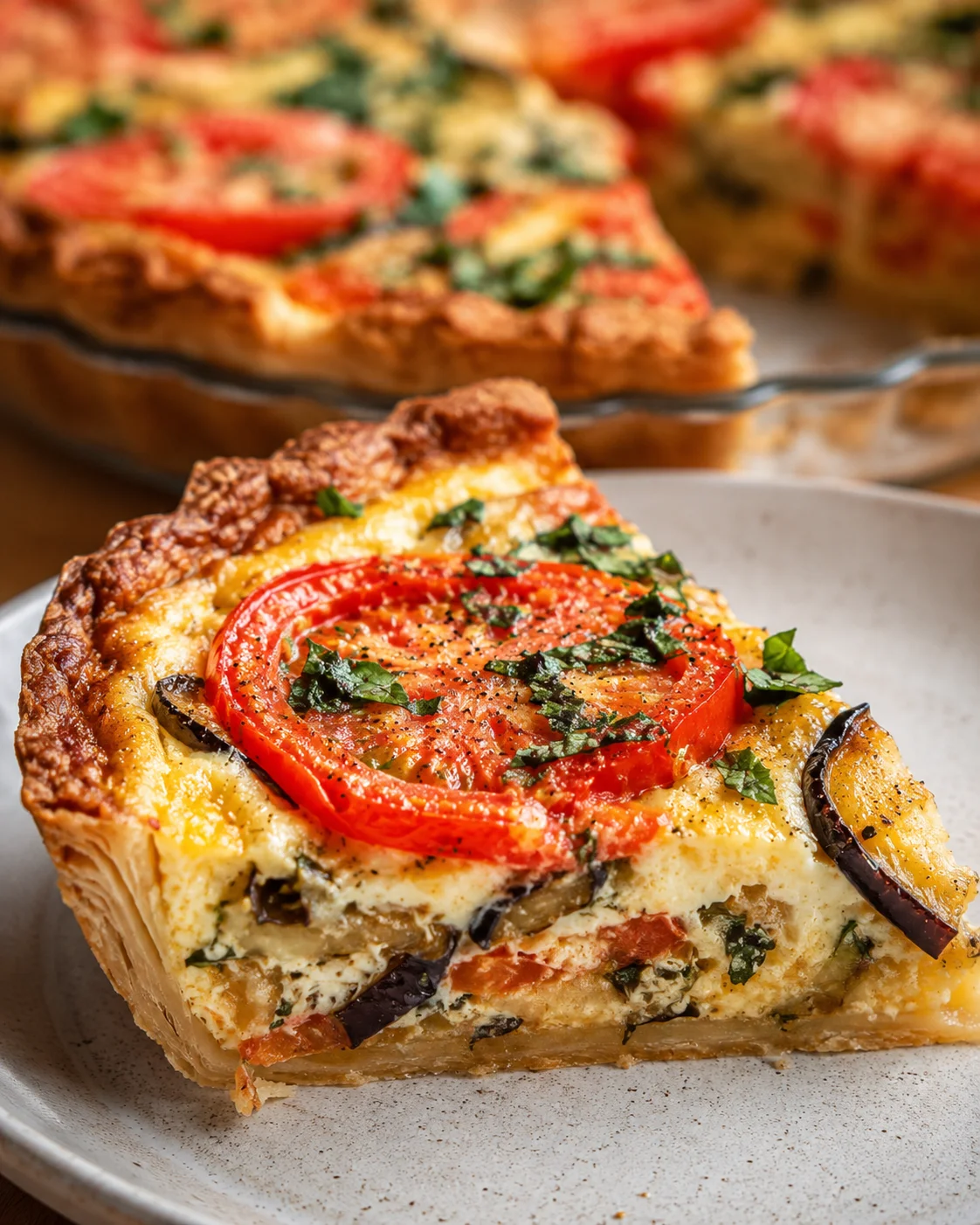 Close-up of a delicious slice of tomato and eggplant pie with colorful vegetables