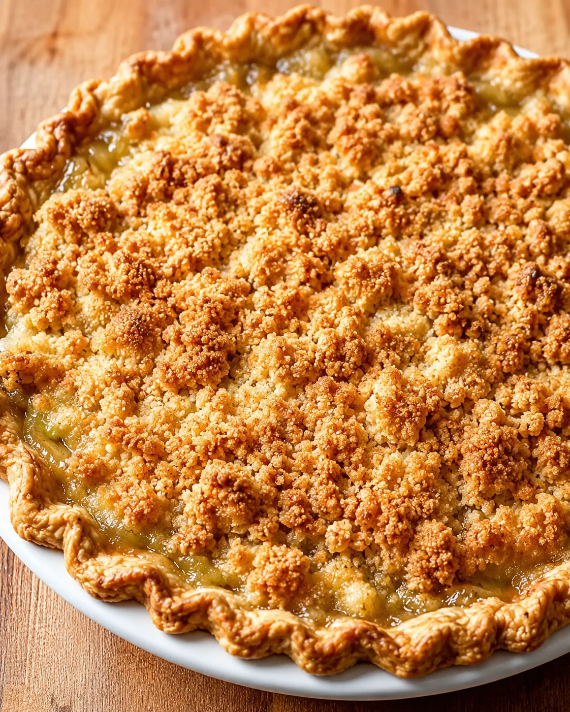 Close-up of a freshly baked green tomato crumble pie with a golden crust.