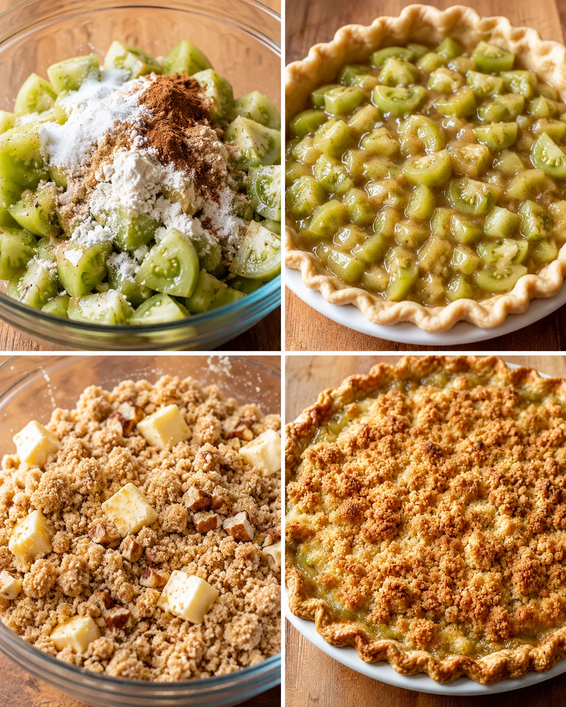 Step-by-step images of preparing and baking Green Tomato Crumble Pie.