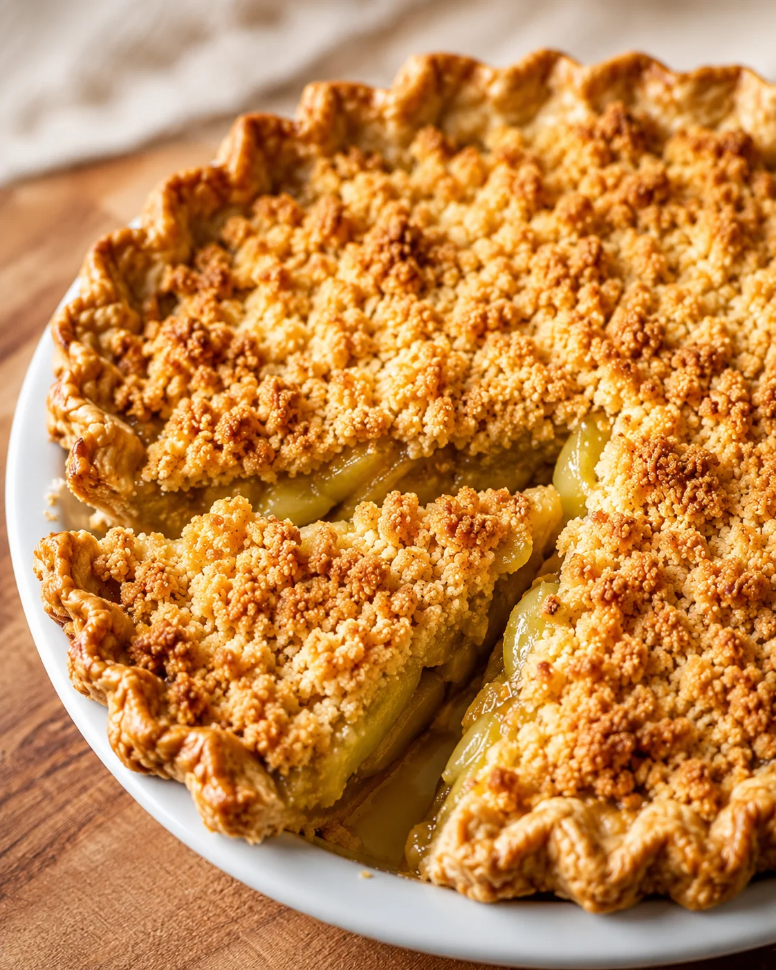 Golden baked green tomato crumble pie with crunchy topping on a white plate.