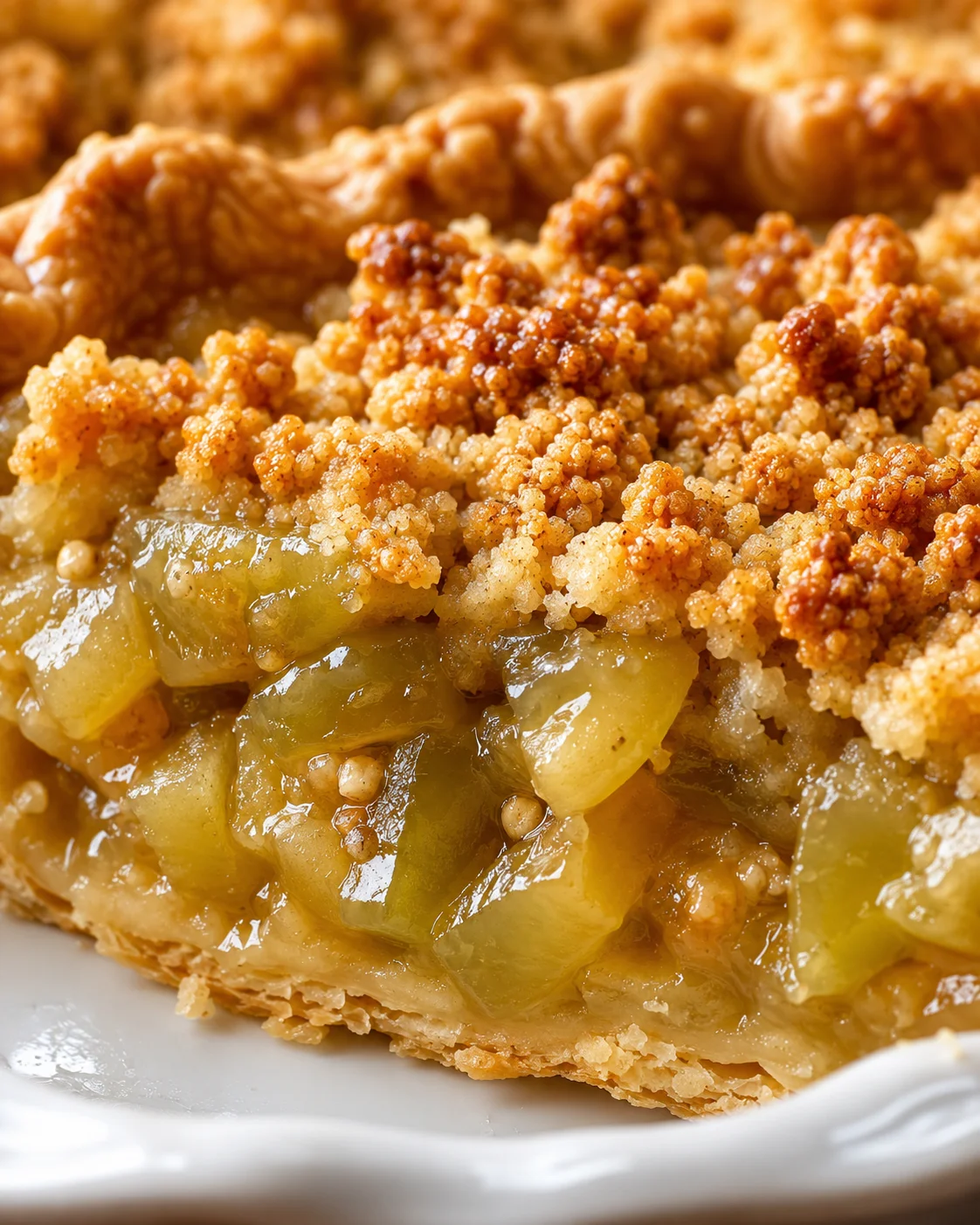 Close-up of a slice of green tomato crumble pie with golden crumb topping