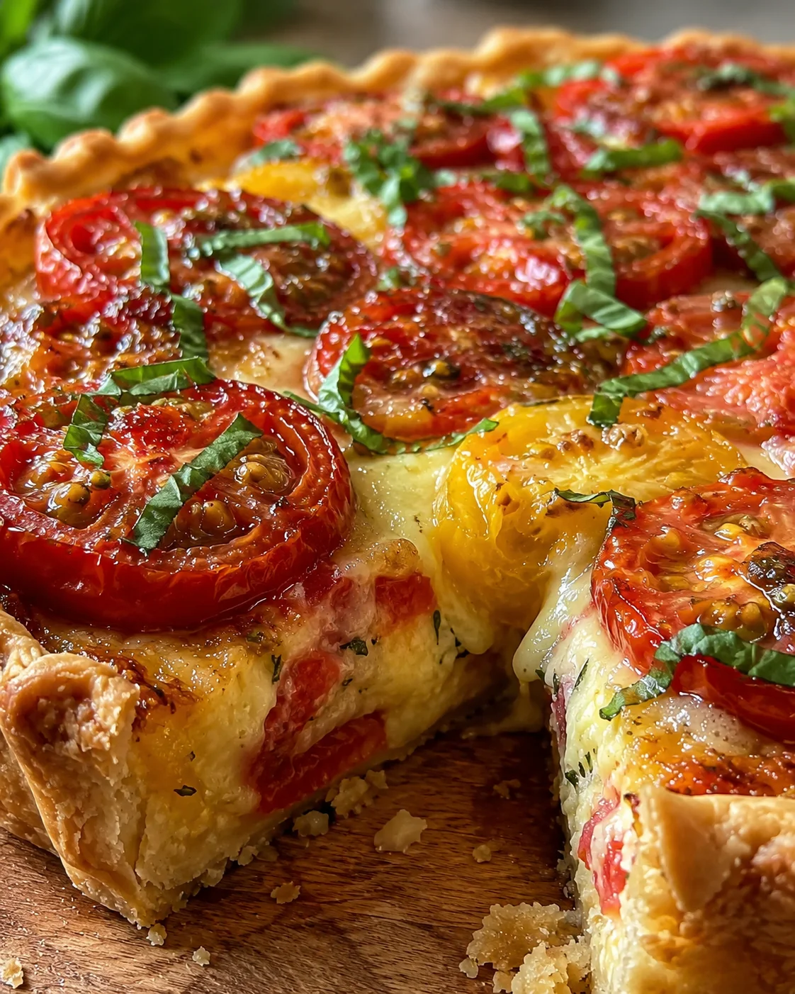 Close-up of a freshly baked heirloom tomato pie topped with basil and cheese slices.