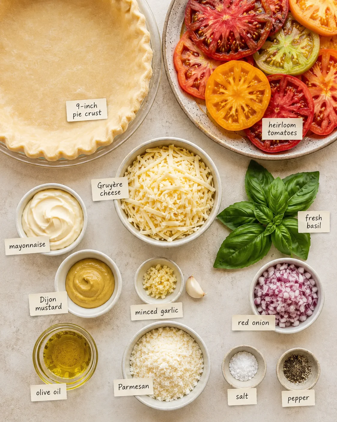 Ingredients for Southern-style heirloom tomato pie with cheese, herbs, and crust.