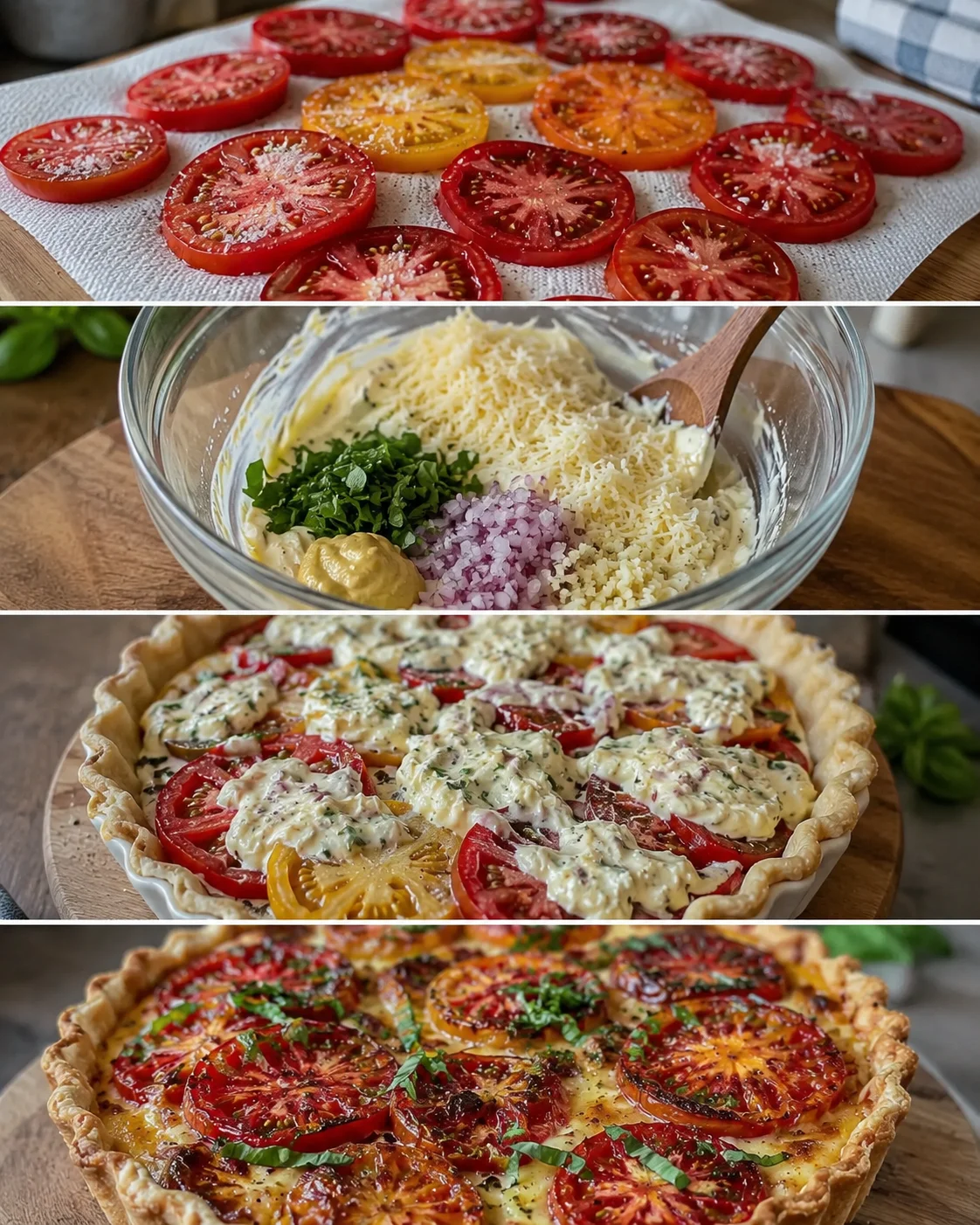 Fresh heirloom tomatoes with melted cheese and basil on a flaky pie crust.