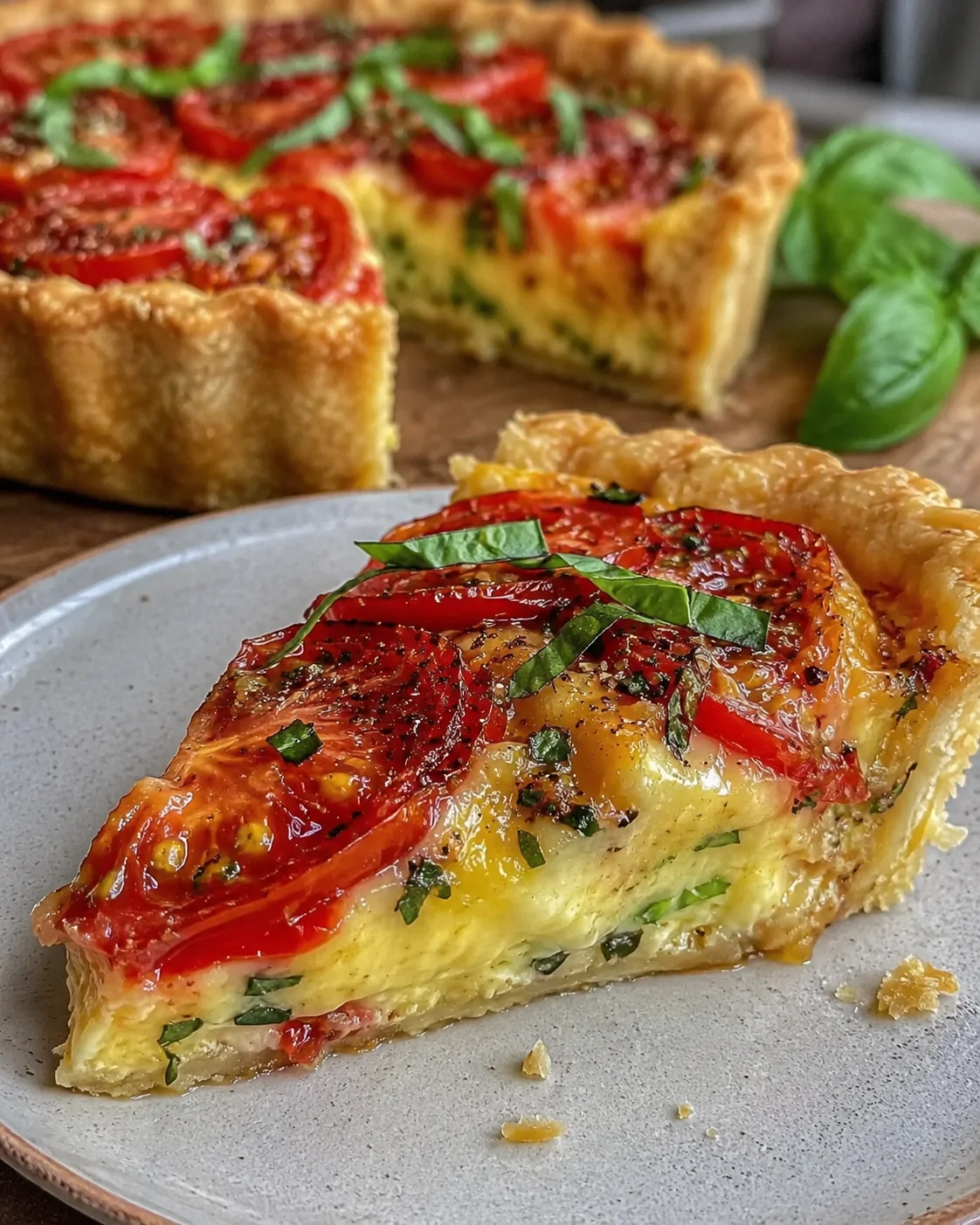 Close-up of a delicious heirloom tomato pie with fresh basil and melted cheese.