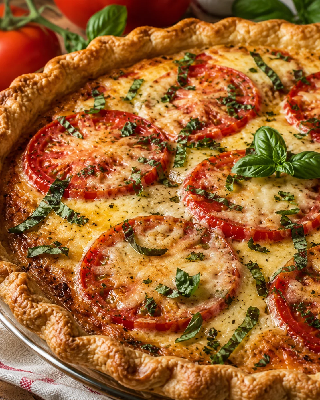 Close-up of a baked tomato pie garnished with basil and herbs.
