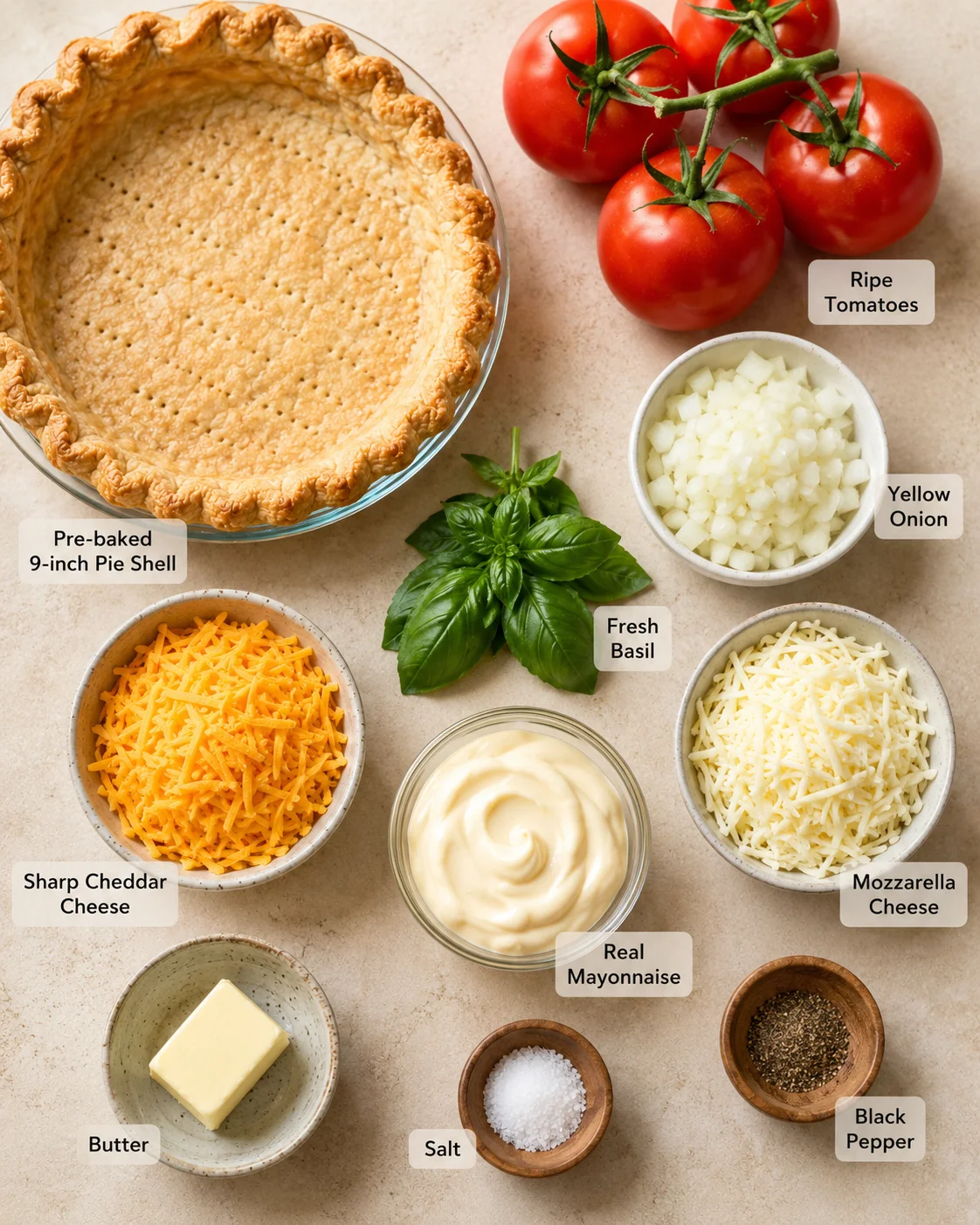 Fresh tomatoes, cheese, basil, and pie shell ready for making tomato pie.
