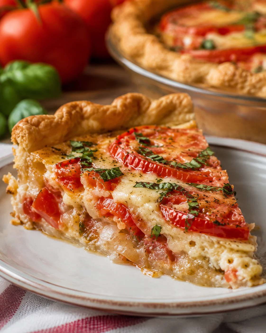 Close-up of a delicious tomato pie with fresh tomatoes and herbs on top.