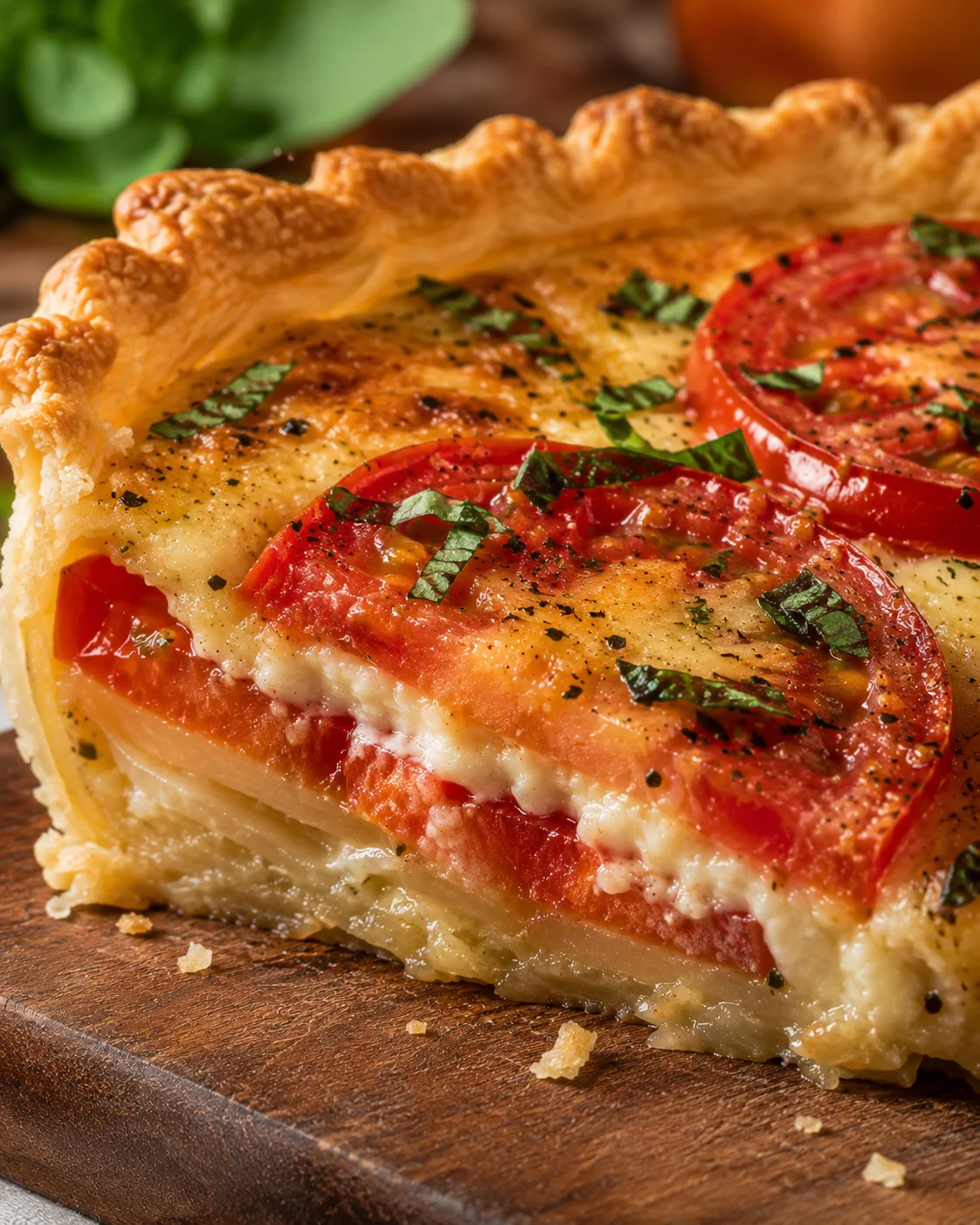 Close-up of a freshly baked tomato pie with cheese, tomatoes, and herbs