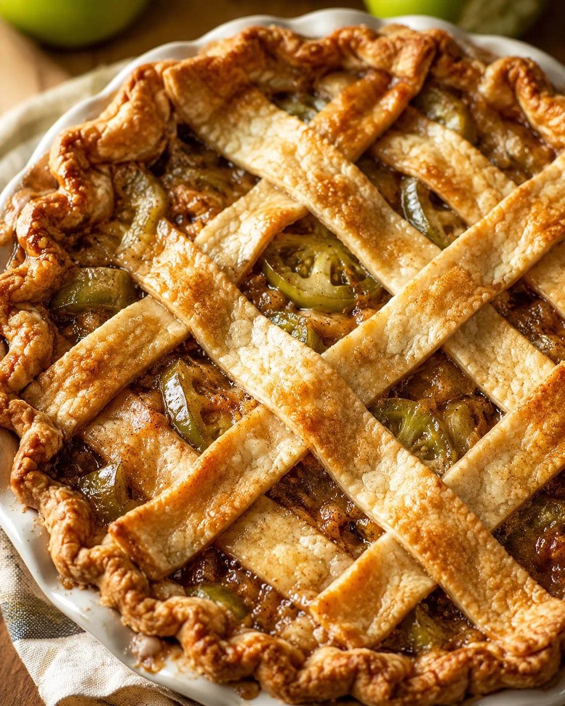 Close-up of a freshly baked green tomato pie with a lattice crust on a white platter.