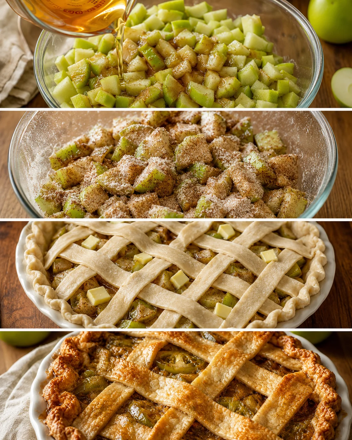 Preparation of green tomatoes for a sweet pie with cinnamon and sugar
