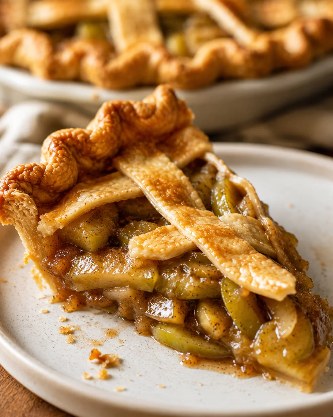 Close-up of a slice of green tomato pie with a golden, flaky crust and spiced filling.