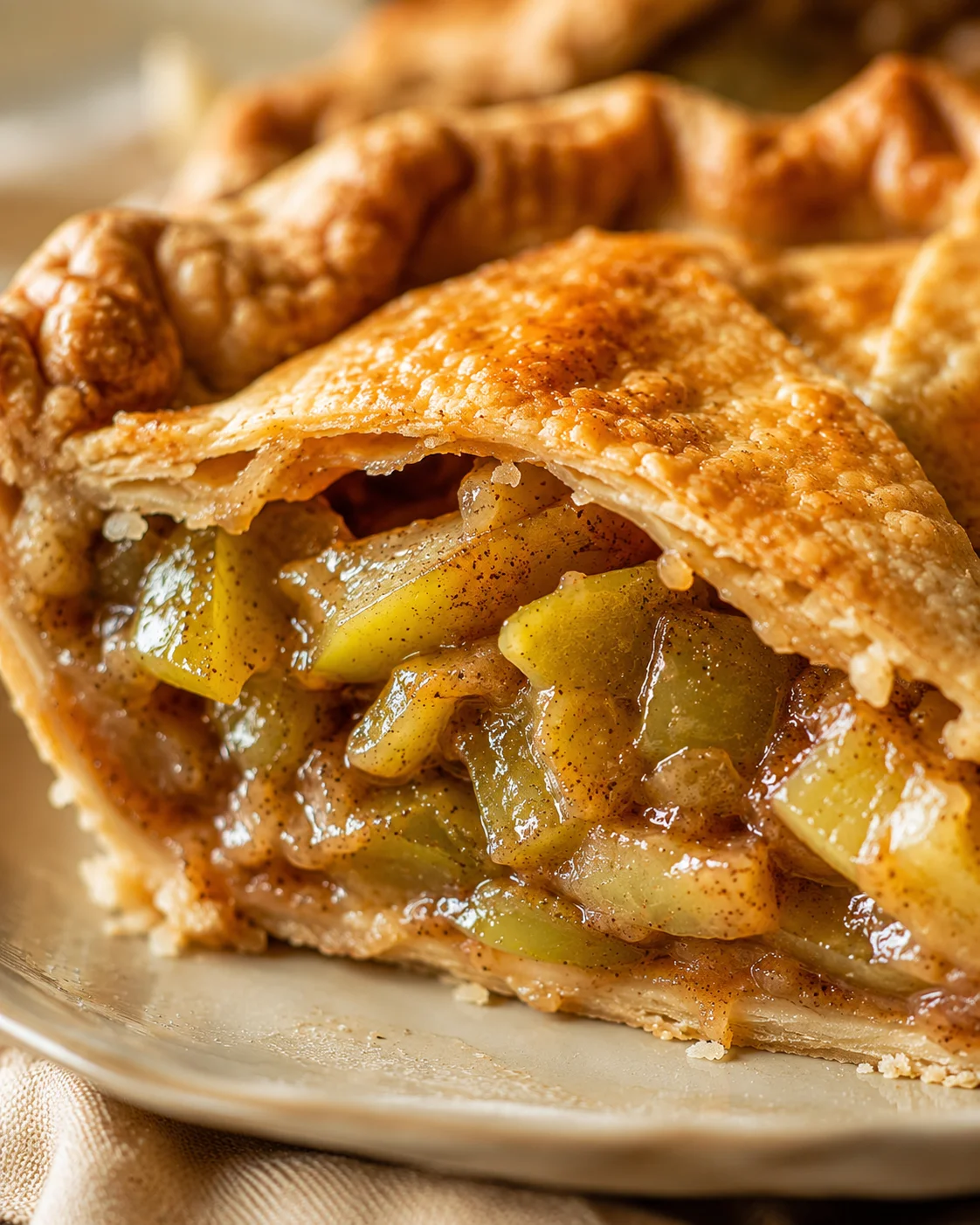 Close-up of a slice of green tomato pie with a golden, flaky crust and spiced filling.