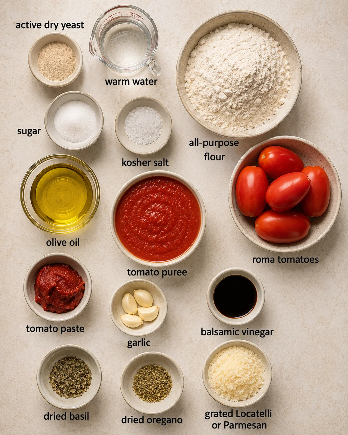 Bowl and small dishes containing ingredients for making tomato pie, including flour, tomatoes, and herbs.