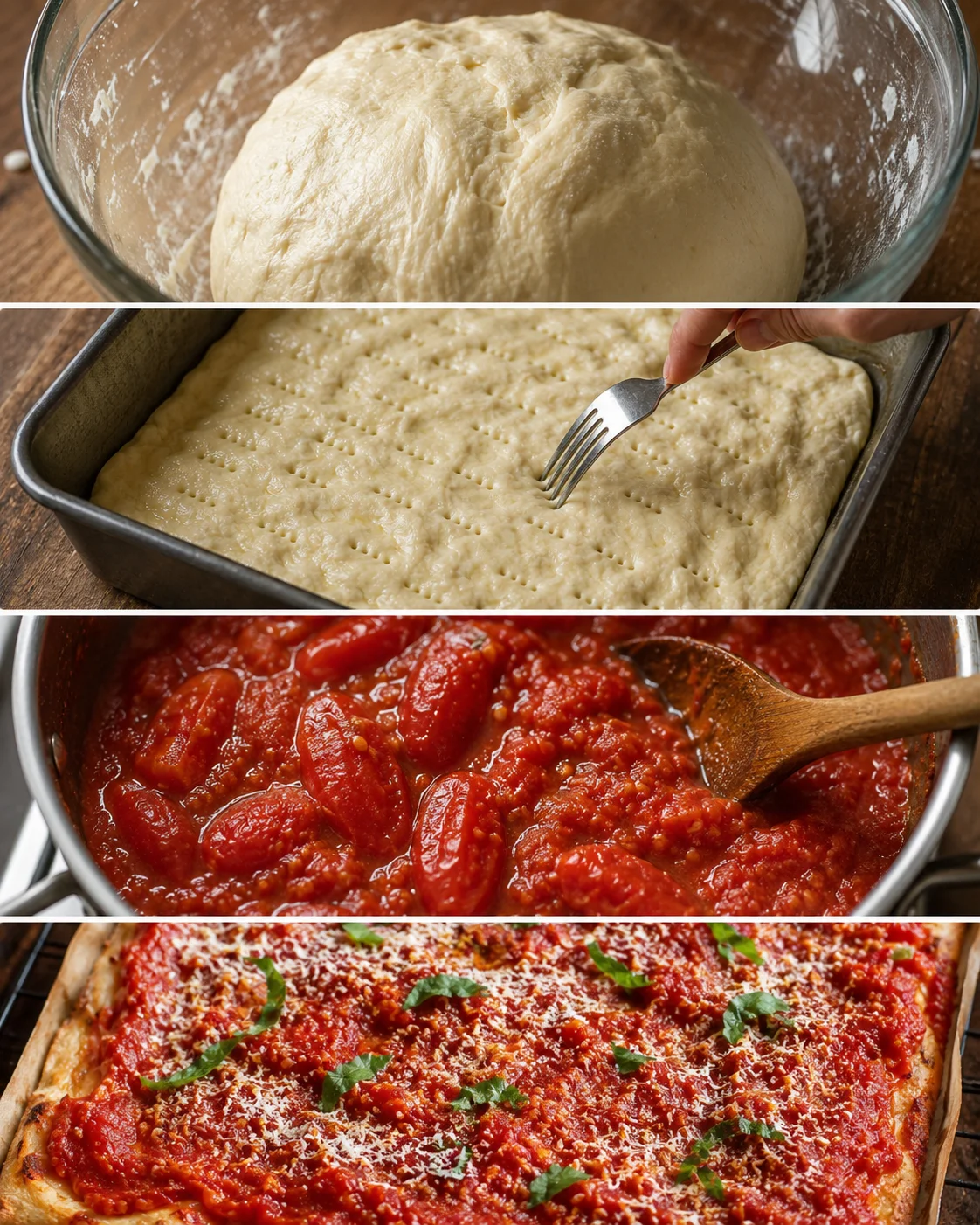 Close-up of dough, sauce, and finished tomato pie ready to serve.