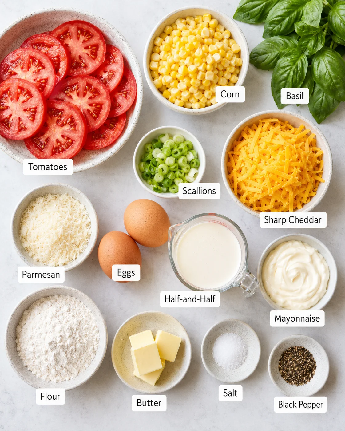 Ingredients for tomato pie including tomatoes, corn, basil, cheese, and eggs.