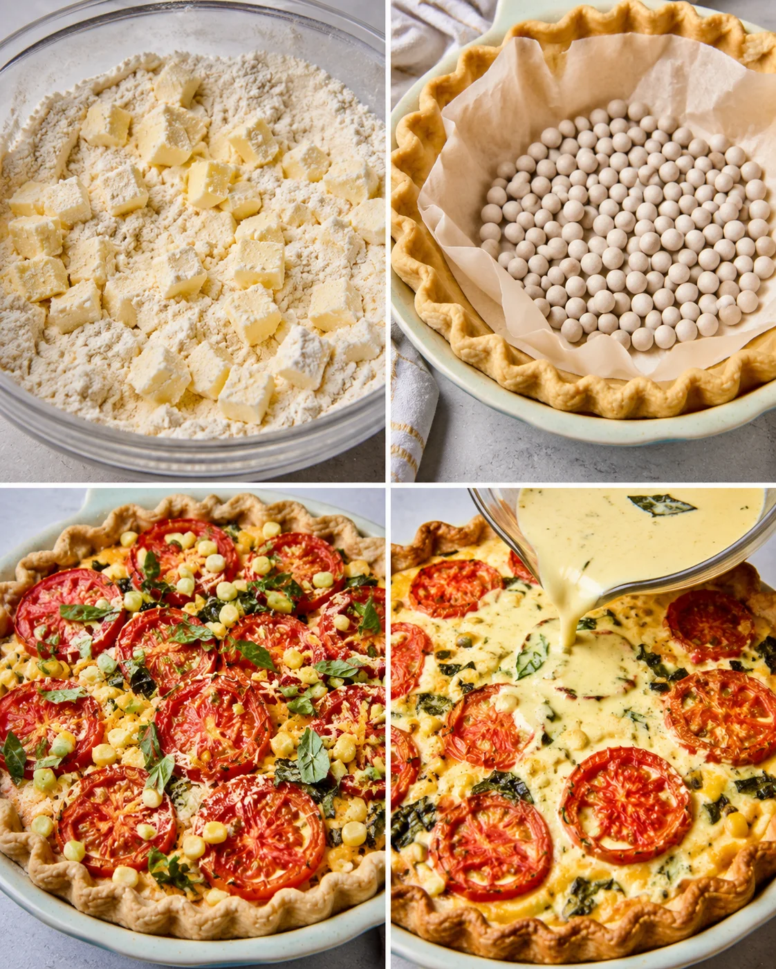 Step-by-step images showing preparing the crust, filling, and baking the tomato pie.