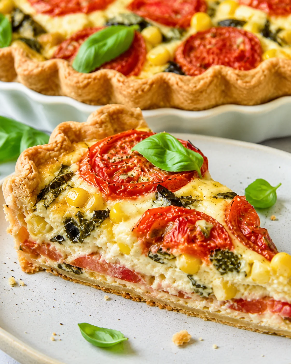 Close-up of a slice of tomato pie with corn, basil, and melted cheese on a white plate