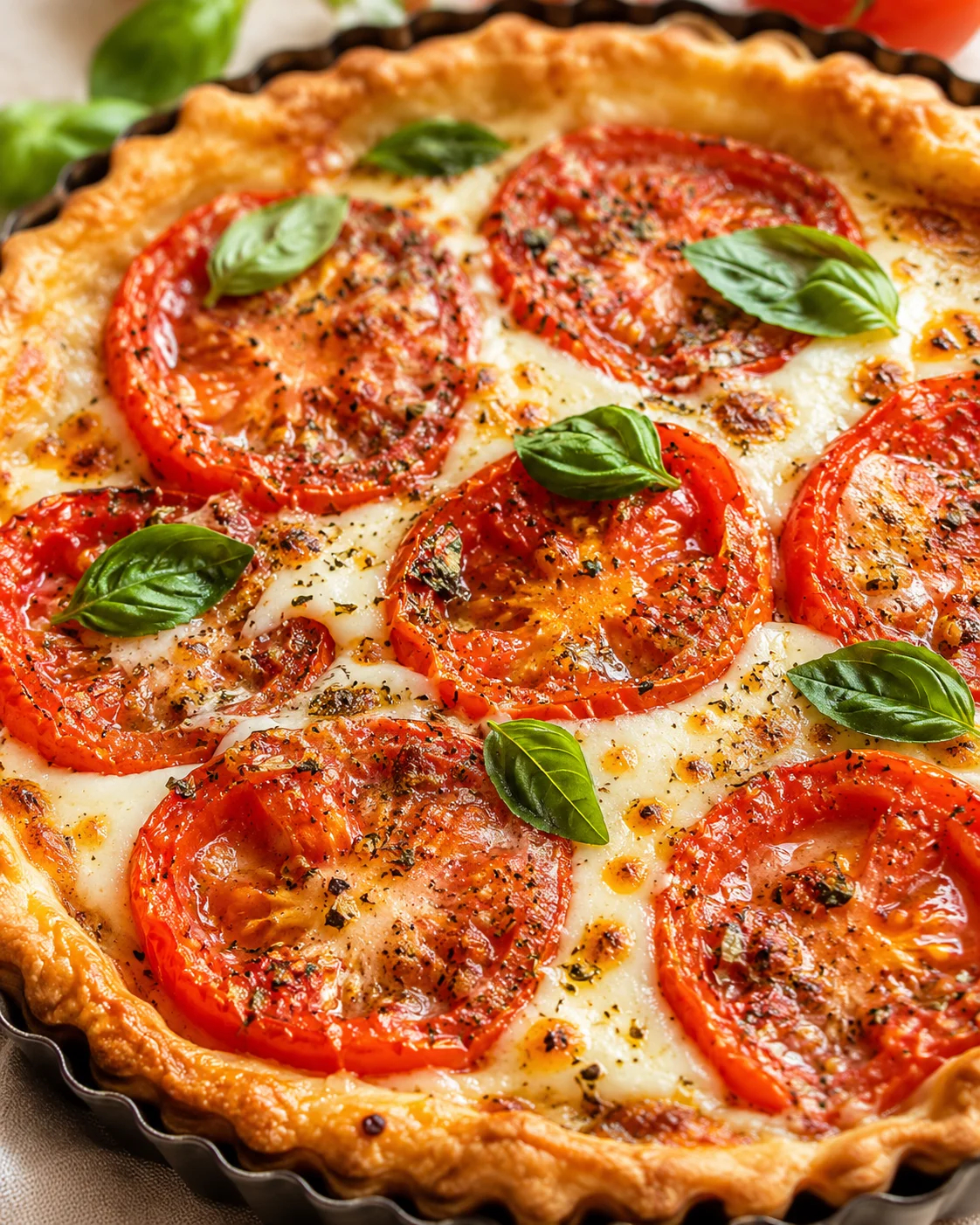 Close-up of a fresh tomato and cheese pie garnished with basil leaves.