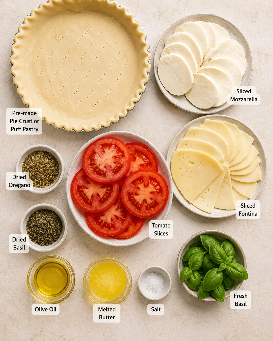 Ingredients for an Italian cheese and tomato pie arranged on a light surface.