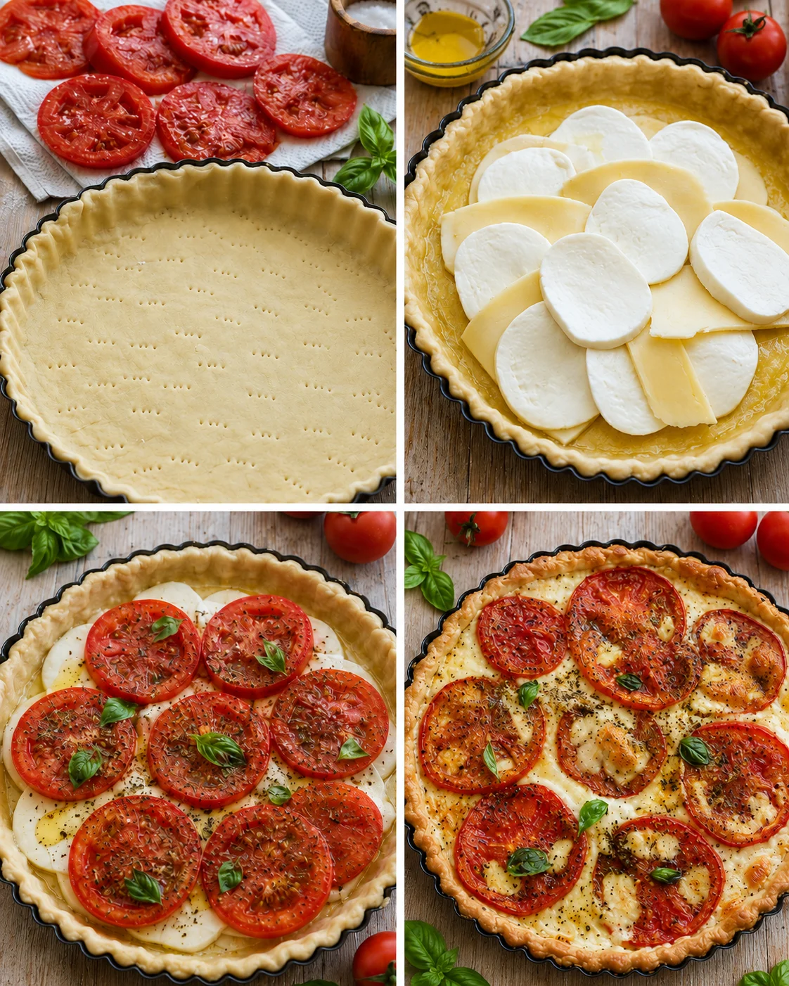 Step-by-step images showing the process of making a fresh tomato and cheese pie.