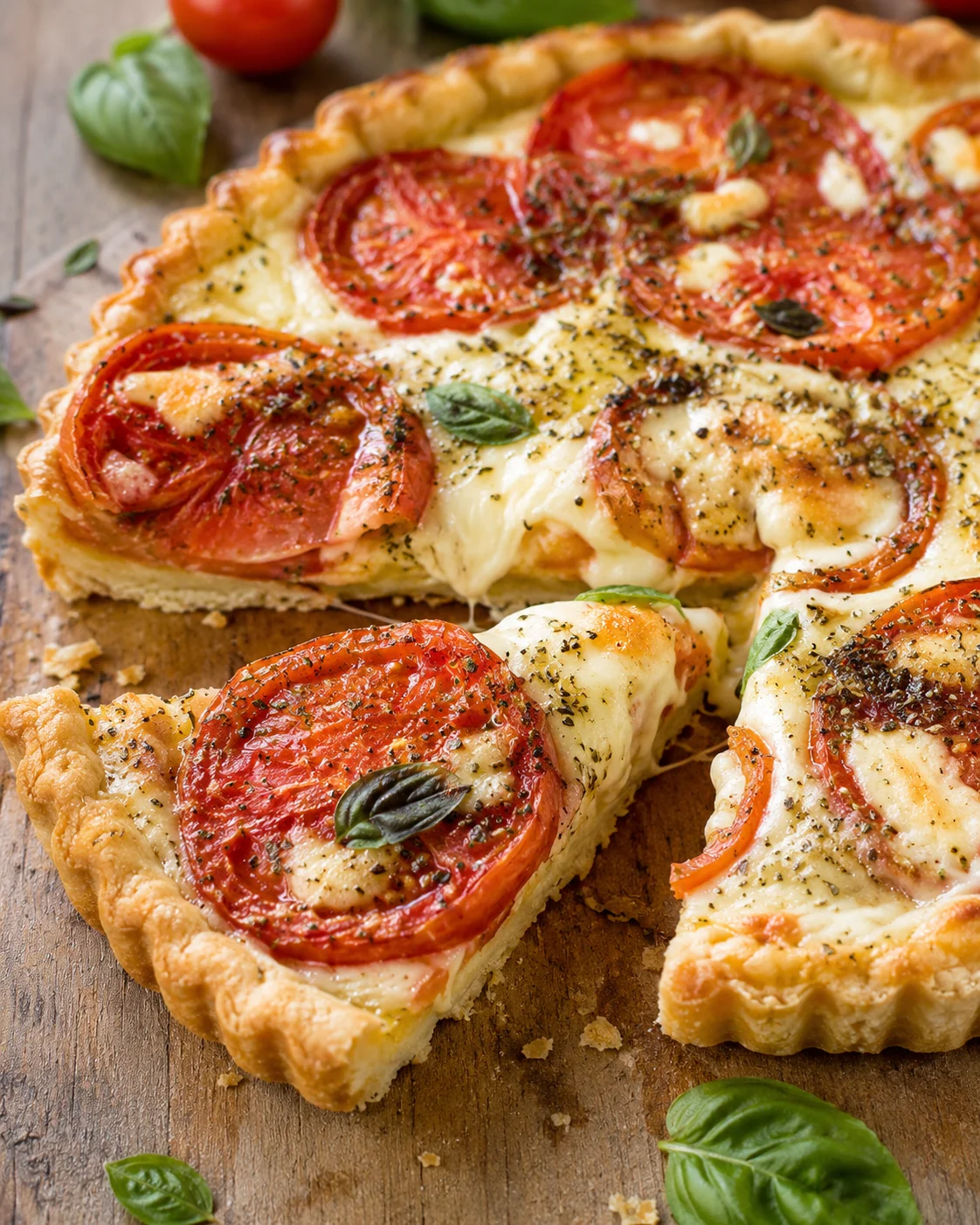 Close-up of a fresh tomato and cheese Italian pie with basil leaves