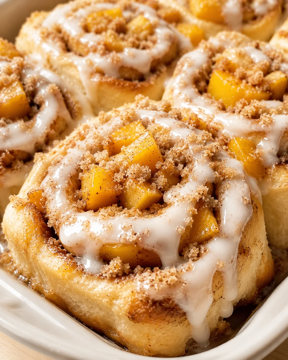 Close-up of peach-filled cinnamon rolls with white icing and crumb topping