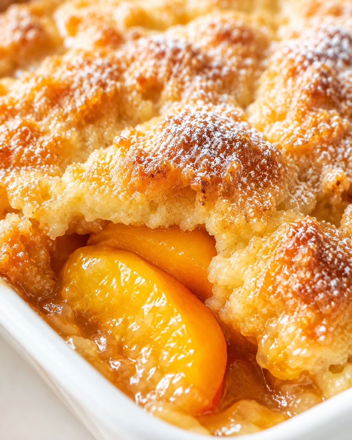 Close-up of a golden peach cobbler with crumbly topping and peach filling showing through.