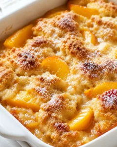 Peach cobbler in a white baking dish, featuring a golden-brown crust and juicy peach slices peeking through.