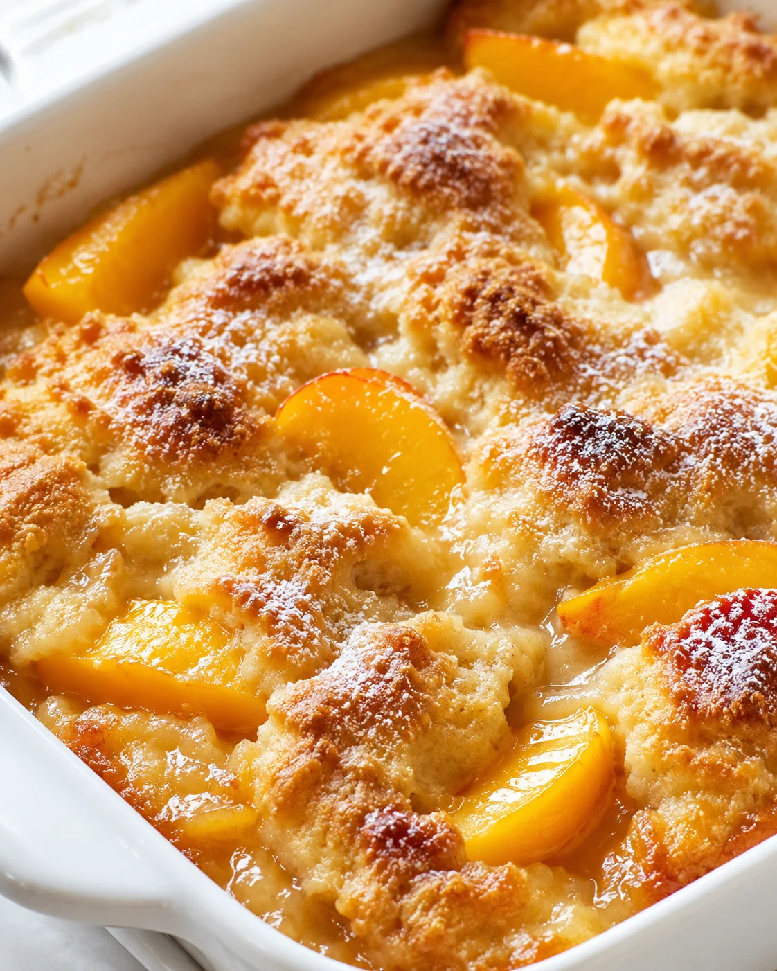 Peach cobbler in a white baking dish, featuring a golden-brown crust and juicy peach slices peeking through.