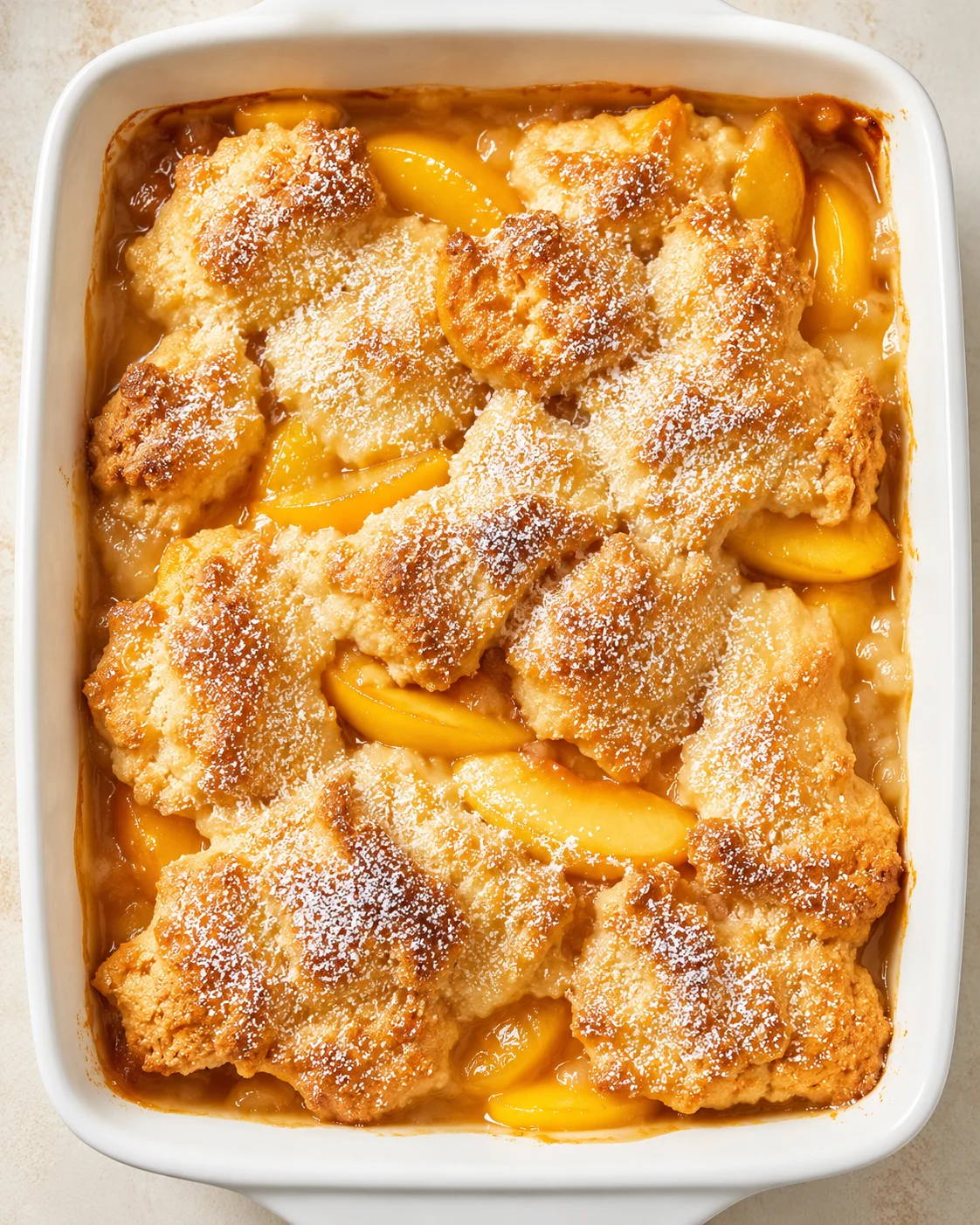 golden-brown peach cobbler in a white baking dish, with visible peach slices and powdered sugar