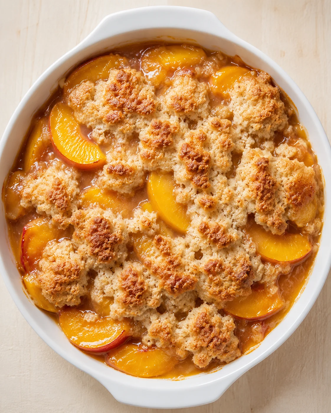 oval white baking dish of peach cobbler with golden-brown crumb topping on a wooden surface