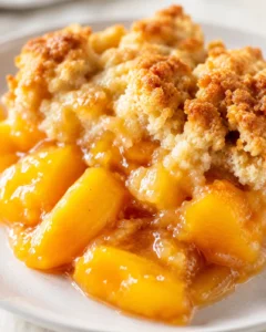 Close-up of peach cobbler with golden crumble topping and glossy peach filling on a plate