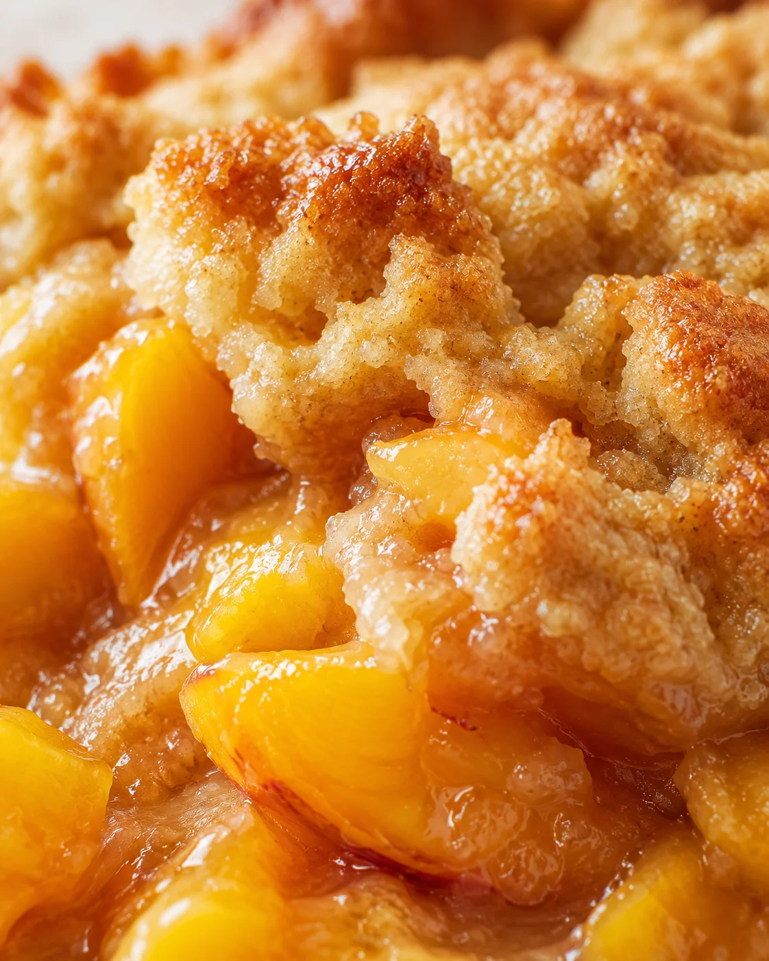 Close-up of a peach crumble with golden-brown topping and glossy peach slices.