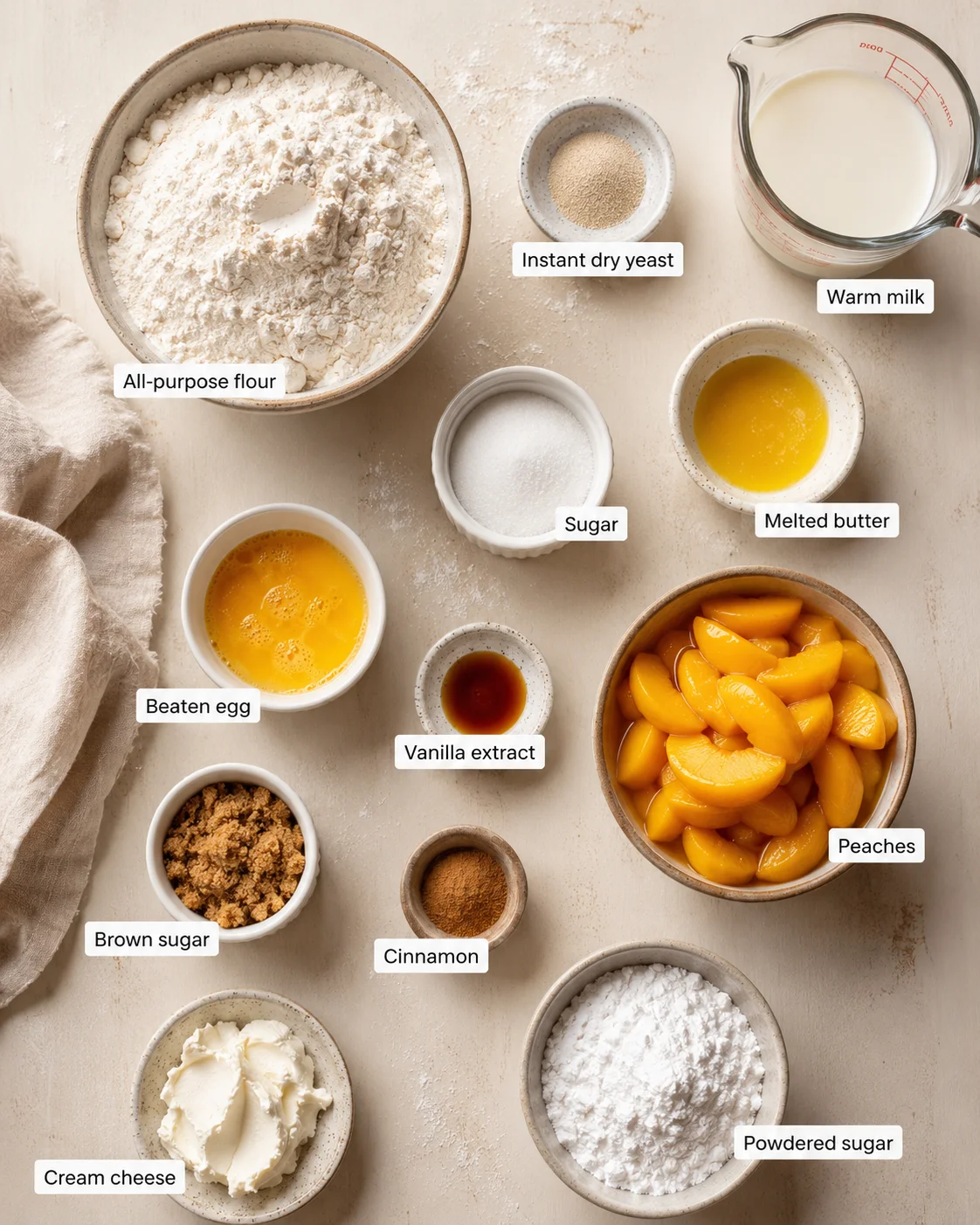 Top-down flat lay of labeled baking ingredients: flour, peaches, milk, eggs, sugars, and spices.