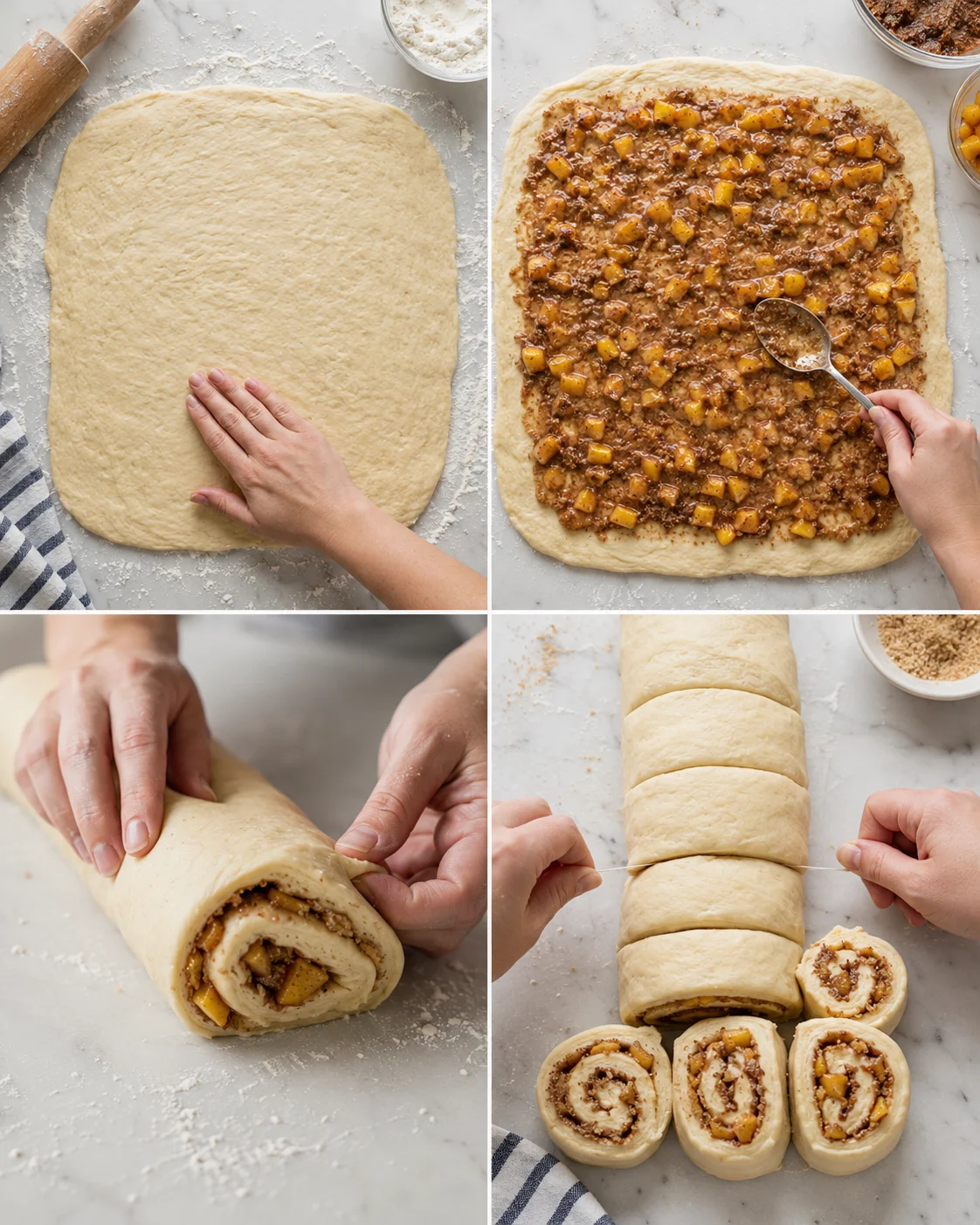 Collage showing dough rolled, filling added with peaches, then rolled and sliced into peach-filled cinnamon rolls on marble