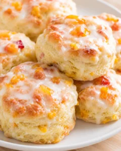 Fluffy peach-filled biscuits topped with white glaze on a white plate