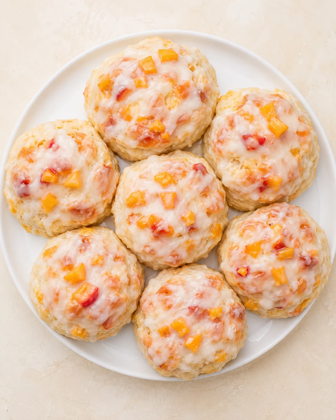 Top-down view of peach-studded scones with white glaze on a white plate