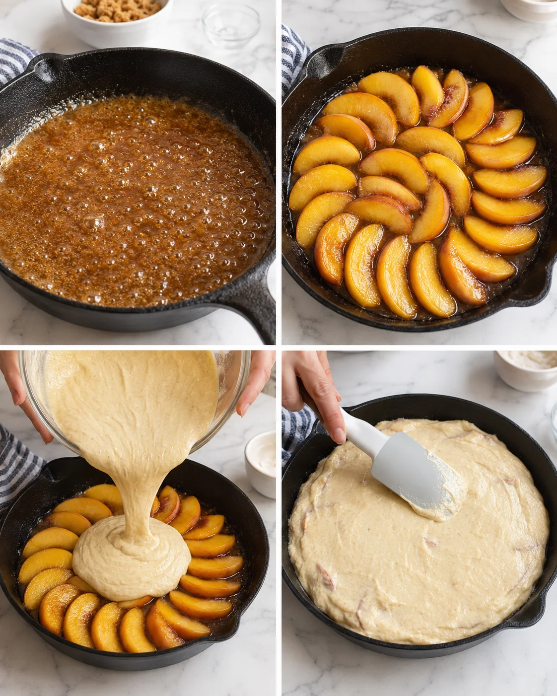 collage showing caramel, peaches, and batter in a skillet during peach upside-down cake preparation
