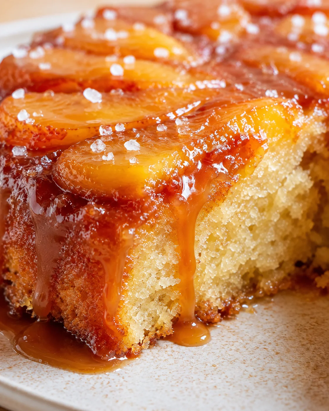 Close-up of a pineapple upside-down cake slice with caramel glaze and sugar crystals on top