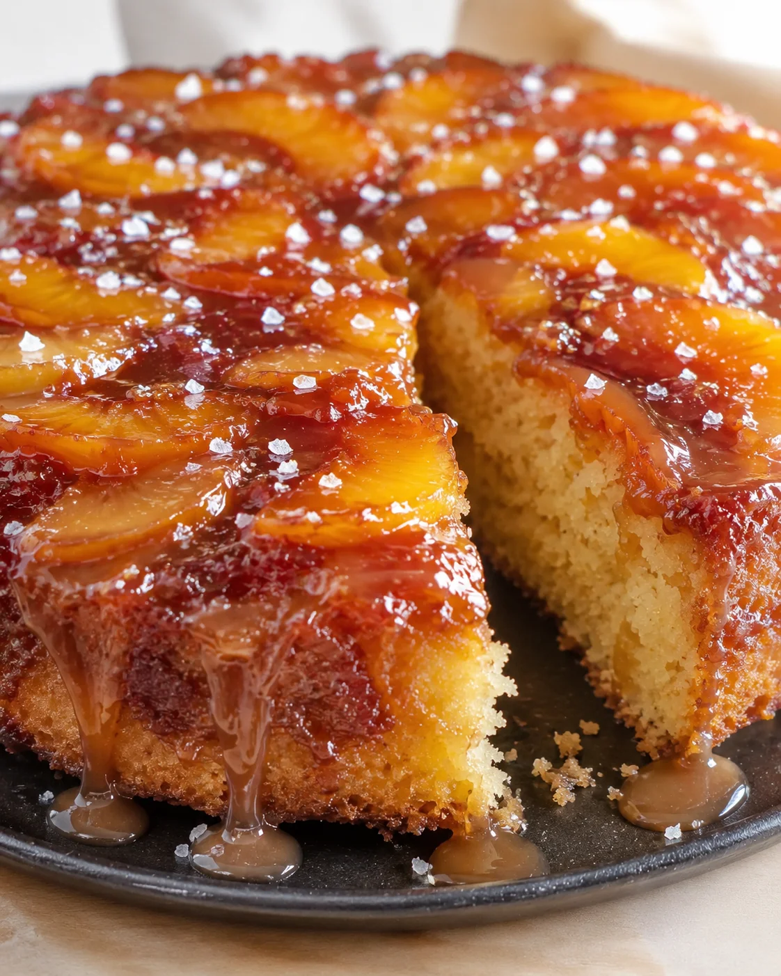 Close-up of a pineapple upside-down cake with caramelized pineapple slices and glossy glaze on a dark plate.