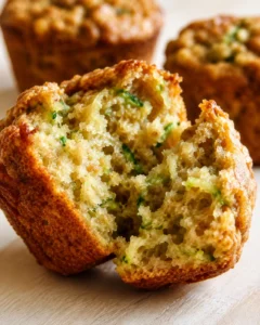 Close-up of a split savory zucchini muffin on a wooden surface, revealing a moist, speckled green crumb.
