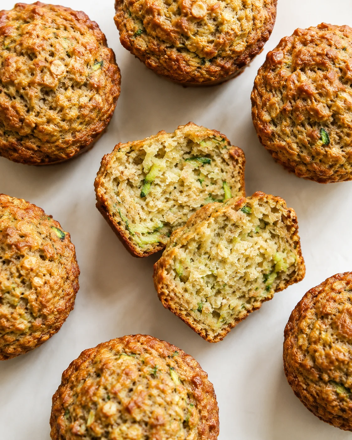Golden baked zucchini-cheese muffins on parchment; one cut open shows moist crumb with green zucchini specks.