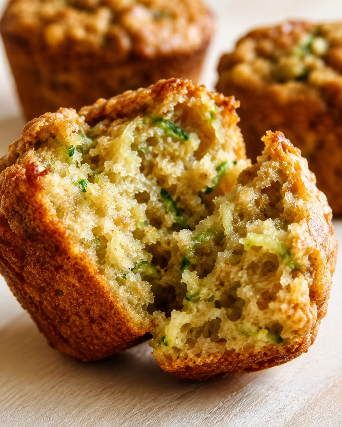 Close-up of a split savory zucchini muffin on a wooden surface, revealing a moist, speckled green crumb.